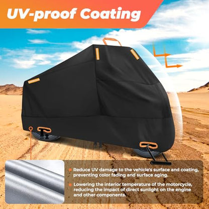 Motorcycle Cover Waterproof: Durable Heavy Duty Motorcycle Cover with Windproof and Security System - Fits up to 104 Inch Large Motorcycle (300D) - size: 300D - 104 Inch