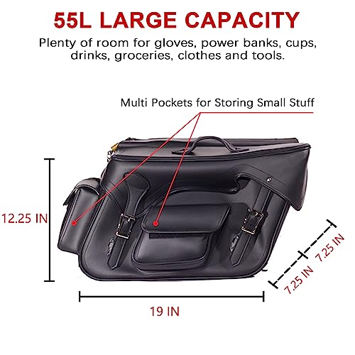 Dream Apparel Faux Leather Motorcycle Saddle Bags Throw Over Saddlebags, PVC Motorcycle Side Bags for Honda Shadow Softail Dyna V-star (Black, No Studs) - color: Black 55L No Studs