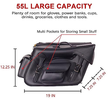 Dream Apparel Faux Leather Motorcycle Saddle Bags Throw Over Saddlebags, PVC Motorcycle Side Bags for Honda Shadow Softail Dyna V-star (Black, No Studs) - color: Black 55L No Studs