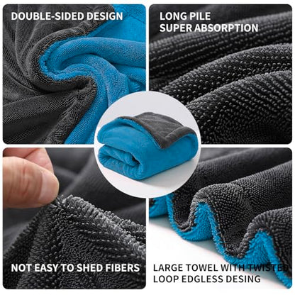 Extra Large Car Drying Towel, 36 Inches, 1300gsm,Super Absorbent Polyamide, Double-Twisted Design - color: Blue and Grey