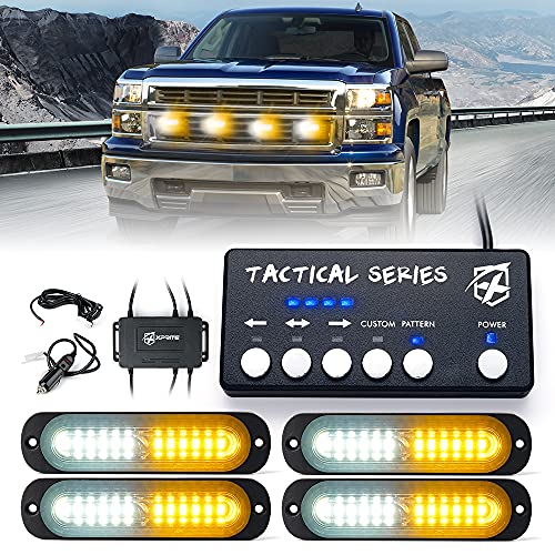 Xprite LED Surface Mount Strobe Lights Kit, White Amber Grill Grille Emergency Warning Marker Flashing Light with Control Box for Trucks Vehicles ATV RV Cars Van - 4PCS - color: White Mix Amber, size: 4PCS