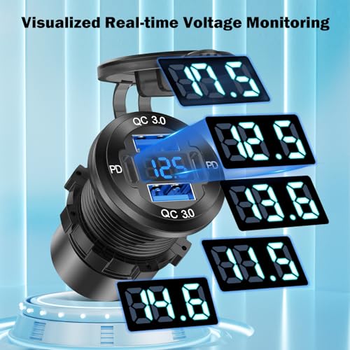 12V USB Outlet Dual QC3.0 & PD3.0 USB C Port Car Charger Socket with Voltmeter,78W Aluminum Alloy Waterproof Quick Charger for Car Boat Marine Motorcycle RV Truck ATV Golf Cart - color: pack of one