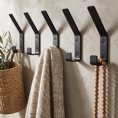 Decorative Coat Hooks For Wall Mount Set of 5 - Stylish and Sturdy Black Metal Double Hooks Are Perfect To Hang Your Jackets, Towels Or Hats - A Modern Addition To Any Farmhouse or Minimal Home Decor