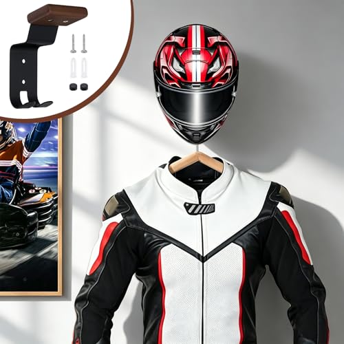 4PCS Helmet Wall Mount Motorcycle Helmet Holder Helmet Rack Wall Mount with Double Hook Beech Wood & Metal Helmet Hanger for Football Helmet Hats Coats Sportswear