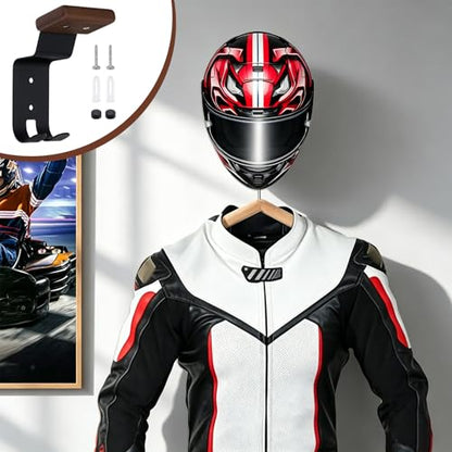 4PCS Helmet Wall Mount Motorcycle Helmet Holder Helmet Rack Wall Mount with Double Hook Beech Wood & Metal Helmet Hanger for Football Helmet Hats Coats Sportswear