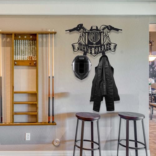 Personalized Metal Motorcycle Wall Hanger – Custom “Your Name Garage” Helmet and Jacket Rack – Handmade Black Steel Wall Art for Bikers and Motorcycle Lovers (89X60cm/35X23 Inches) - size: 89X60cm/35X23 Inches