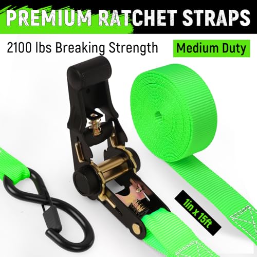 Ratchet Straps Medium Duty 4 Pack -1 Inch x 15 Feet (2,100LB Break Strength)- Motorcycle Tie Down Straps -Soft Loops Tie Downs- Ratchet Tie Down Set for Powersports, Motorcycle or Moving Cargo - style: Green,1"x15',2100lb