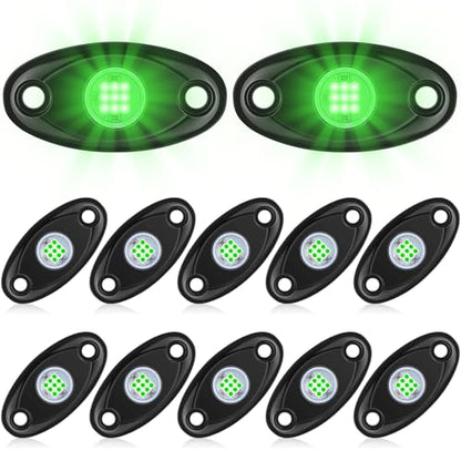 Macarrie 12 Pods Rock LED Lights Waterproof Neon Underglow Trail Rig Lamp Lighting for Car SUV Pickup Truck Motorcycle Boat ATV Utv RZR Rv Offroad Trailer Fender Under Body Golf(Green) - color: Green