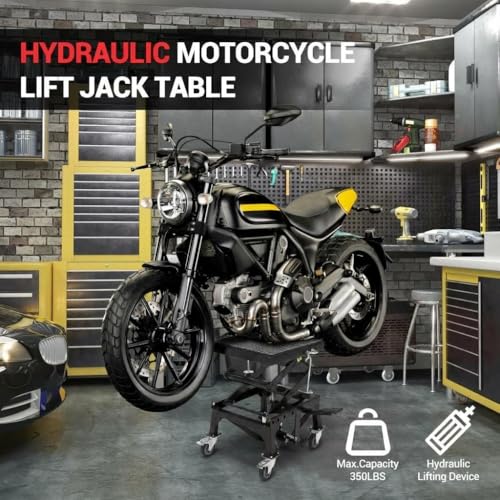 Garvee Hydraulic Motorcycle Lift Jack 350LBS, Foot Operated Scissor Lift Table for ATV Dirt Bike, Heavy-Duty Steel Stand with Safety Lock & Wheels, 13.78"-34.25" Height Adjustable, Motorcycle Scissor