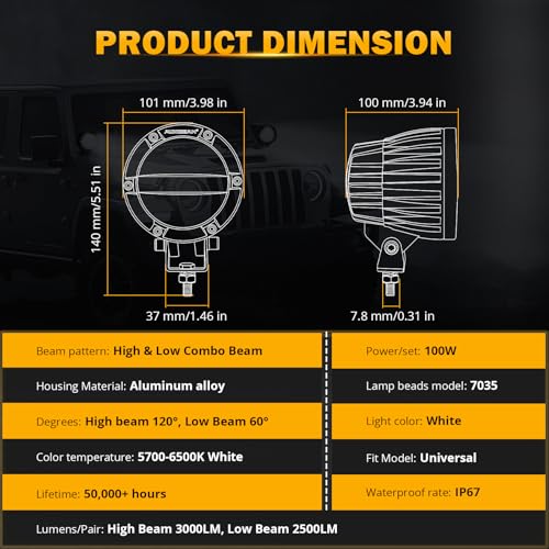 Auxbeam 100W Round LED Light Pods 4 Inch with Hi/Lo/Combo Beam, Road Round Lights Waterproof, LED Offroad Light Pod for Truck 4WD SUV ATV UTV (Pack of 2) - color: White Combo Beam