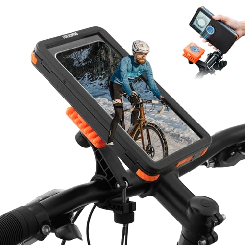 ROCKBROS Magnetic Bike Cell Phone Holder IPX4 Waterproof Motorcycle Phone Mount on Handlebar Fit for 4.7"-6.9" Phones FlipCase 360° Full-Body Protection 3S Quick Auto Lock Rotateable Anti-Shock - color: Black-Orange, size: Handlebar