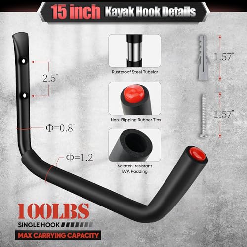 Nacial 10 Pack Garage Hooks Heavy Duty, 15" & 3.5" Kayak Storage Hooks with EVA Pads, 100LBS Capacity Large Garage Hooks for Hanging Bikes, Kayak Folding Chairs and Hanging Ladders - size: 10