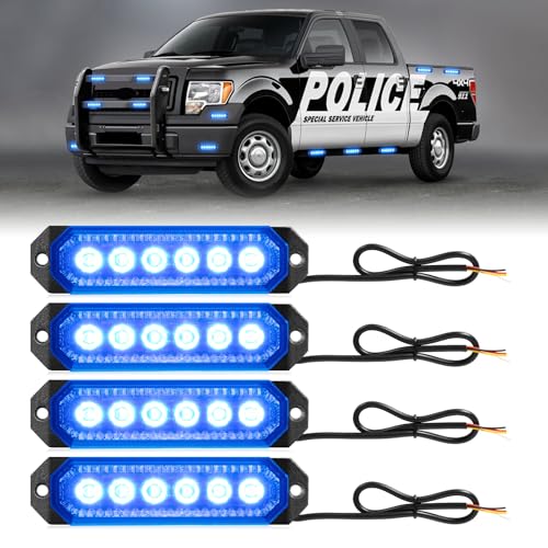 HLauto 406T Emergency Strobe Grille Lights: 4Pcs 6 LED Sync Feature Safety Warning Flashing Light, 12V-24V Ultra Slim Surface Mount Hazard Caution Light for Truck, Vehicle, Car, ATV, UTV (Blue) - color: Blue