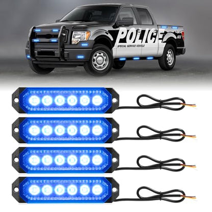 HLauto 406T Emergency Strobe Grille Lights: 4Pcs 6 LED Sync Feature Safety Warning Flashing Light, 12V-24V Ultra Slim Surface Mount Hazard Caution Light for Truck, Vehicle, Car, ATV, UTV (Blue) - color: Blue