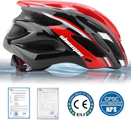 Bike Helmet Men Women, Shinmax Bicycle Helmet with Rear Light and Detachable Visor - color: Black/Red/White, size: Large (57-62 cm)