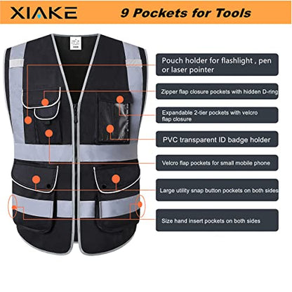 XIAKE 9 Pockets Class 2 High Visibility Reflective Safety Vest for Men Women,Meets ANSI/ISEA Standard - color: Black, size: 3X-Large