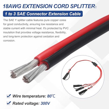 MECCANIXITY SAE Y Splitter Cable, 18AWG Extension Cord Splitter 1 to 3 SAE Connector Extension Cable 1.8 ft with Waterproof Caps & Polarity Reverse Adapter for Solar Panel Battery Charger - size: 18AWG, 1.8 ft