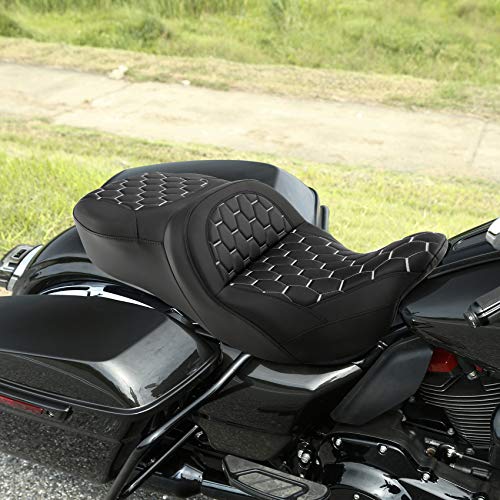 C.C. RIDER Motorcycle Driver Passenger Seat - Fat Diamond Pro 2-Up One-Piece Seat fit for Harley Touring Road King FLHR Street Glide FLHX Road Glide FLTRX 2009-2023 - color: White Stitching