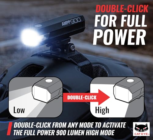 CATEYE AMPP USB Rechargeable Bike Light – High Visibility Super Bright OptiCube™ Headlight for Commuters, Road Cyclists & Mountain Bikers, Day & Night Riding Modes, IPX4 Waterproof, Tough & Durable - style: Ampp900 Helmet Mount
