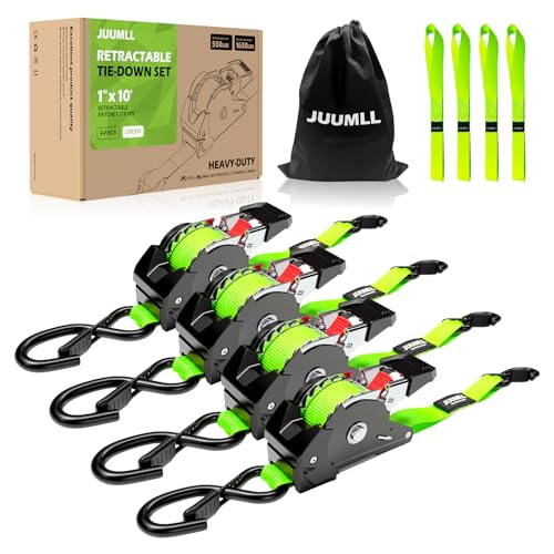 Retractable Ratchet Straps 4-Pack, 1” x 10ft Self Retracting Tie Down Straps with 1,650lb Break Strength, Auto Cargo Straps for Motorcycle, Kayak, ATV, Truck Bed & Cargo Transport (Green) - color: Black Green