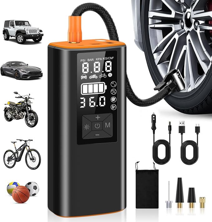 Tire Inflator Portable Air Compressor for Bike, Car, Motorcycle (With car charging cable)