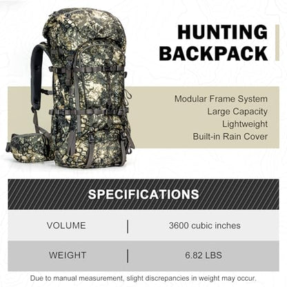 MOXULE Pro 3600 Camo Frame Backpack - Meat Hauler Pack with Rain Cover for Outdoor - color: Camo 60l