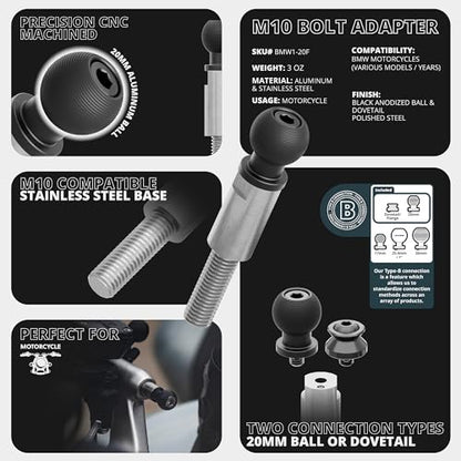 Tackform Aluminum Motorcycle M10 Handlebar Bolt Adventure Phone Mount - Vibration Dampening and Wireless Charging | Short Reach | Compatible with BMW K1600 GT/GTL, R1200 RT, R1250 RT (Year Specific)
