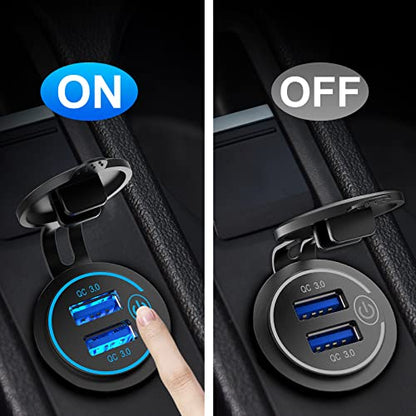 QC3.0 Dual USB 12V DC Outlet with Touch Switch: 12 Volt Marine Socket Golf Cart USB Port Car Charger Waterproof Power Adapter Cigarette Lighter Mount Fast Charge for Boat Motorcycle ATV RV