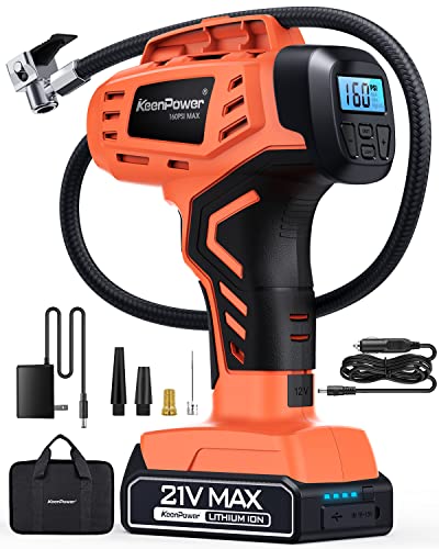 KeenPower Tire Inflator Air Compressor, 21V Cordless Car Tire Pump with Rechargeable Li-ion Battery, 12V Car Power Adapter, Digital Pressure Gauge, Suitable for Cars E-bikes Balls Motorcycles - color: Red