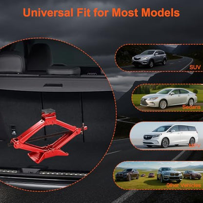 SPECILITE Scissor Jack, 2.5T(5512 Lbs), High-Strength Car Jack & Stand Kit with Rubber Pad, Tire Changing Kit with Ratchet Handle&Lug Wrench, Universal Vehicle Emergency Set for Various Models Red - color: Red