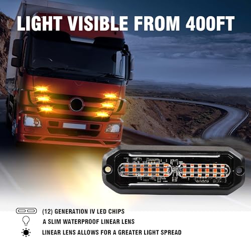 WINECO Amber 8PCS LED Strobe Lights Kit 12V 24V Sync Feature 12 LED Emergency Hazard Warning Lights with Strobe Controller for Trucks Vehicles ATV RV Cars Van - color: Amber