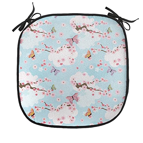 Lunarable Japanese Chair Cushion Pad, Spring Flower with Birds and Butterflies Freshening Sublime Sky Scenery Print, Seat Padding for Kitchen & Patio with Anti-Slip Backing, 16"x16", Pink and Blue - color: Pink and Blue, size: Pack of 1