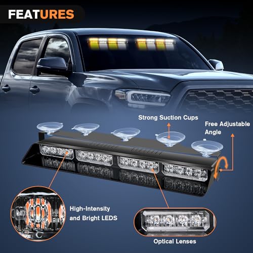 Nilight 32LED Amber White Emergency Dash Strobe Lights with Controller Suction Cups Warning Hazard Interior Front/Rear Windshield Deck Split Light Bar for Truck Construction Vehicle - color: Amber and White