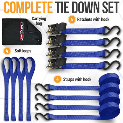 FORTEM Ratchet Straps, Tie Down Strap Set 1650lb Break Strength, 4 Pack 15ft x 1in, 4 Soft Loops, Moving Straps Tie Downs, Cargo Cam Buckles for Trucks, Carry Bag, for Men - color: Blue