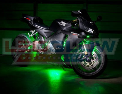 LEDGlow 6pc Advanced Green LED Motorcycle Accent Neon Underglow Lighting Kit - 4 Patterns - 4 Brightness Levels - 6" Flexible Light Strips - Includes Waterproof Control Box & 2 Wireless Remotes