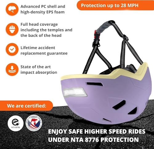 XNITO Bike Helmet with LED Lights - Urban Bicycle Helmet for Adults, Men & Women - CPSC & NTA-8776 Dual Certified - Class 3 E-Bikes, Scooters, Onewheel, Commuter, Mountain - color: Lavender, size: Large