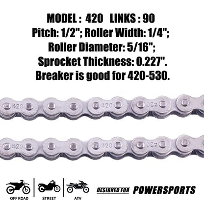 420 Standard Roller Chain 90 Link+ Chain Breaker, fit for Coleman BT200X CT200U Trail 200 CT200U-EX Baja TrailMaster Warrior Heat Massimo MB165 MB200 196cc 6.5hp Powersports Mini Bike Part - size: 90 Link Chain Breaker
