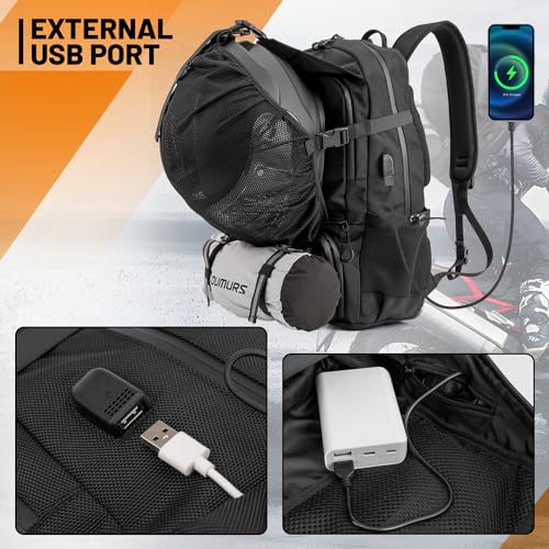 Oumurs Motorcycle Backpack 50L, Waterproof 1680D Oxford Fabric, Expandable, Motorbike Helmet Bag, Reflective, Helmet Strap, USB, Large Capacity, Laptop Rucksack, Long Distance Travel Backpack, Black - color: Black