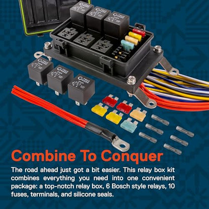 True Mods Waterproof 12V Fuse Relay Box Block Kit w/Pre-Wired Harness [12 & 16AWG] 6 Gang Bosch Style 5Pin 30A/40A Universal Relay & Fuse Panel for DC Auto Automotive Vehicle Car Marine Boat Jeep UTV - style: Prewired Fuse/Relay Kit