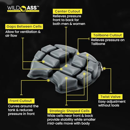 Wild Ass Saddle Classic - Motorcycle Air Gel Seat Pad, Ergonomic Air-Adjusting Cushion with Straps, Universal Fit for Ultimate Comfort & Relief, Cool Flow Motorcycle Accessory for Long Rides - Black - style: Classic