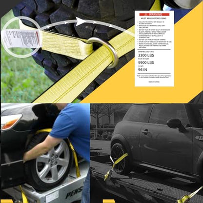 Car Tie Down Straps (4PK) with J Finger Hook Lasso Ratchet Strap 2 Inch x 96 Inch- for Any Car, SUV, Jeep or Sports Car - color: Yellow