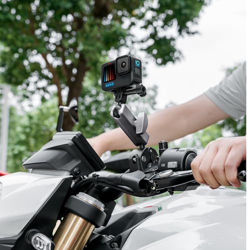 Heavy Duty Super Clamp Camera Mount with 360° Dual Ball Head Magic Arm, Anti-Slip Aluminum Alloy Handlebar Mount for GoPro Hero 13/12/11, Insta360 X4/X3, DJI Osmo Action 5/4, Motorcycle & Bike