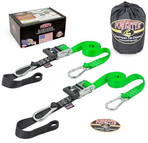 PowerTye 1.5 inch x 10ft Extra Long Ratchet Tie Down Straps, Heavy Duty with Carabiner Hooks, Soft-Tye & Bag, for Motorcycle, ATV & Cargo - 1,000 lb WLL - Made in USA - Green/Black Pair - color: Green, size: 10 ft + Storage Bag