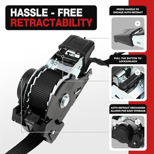 Retractable Ratchet Straps with Soft Loops (4 Pack)-(1,500lb Break Strength)-1 Inch x 12 Feet Heavy Duty Auto Self Retracting Tie Down Strap for Truck, Cargo Trailer, Motorcycle, Rad & More - color: Black Retractable
