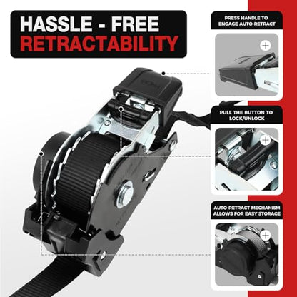 Retractable Ratchet Straps with Soft Loops (4 Pack)-(1,500lb Break Strength)-1 Inch x 12 Feet Heavy Duty Auto Self Retracting Tie Down Strap for Truck, Cargo Trailer, Motorcycle, Rad & More - color: Black Retractable