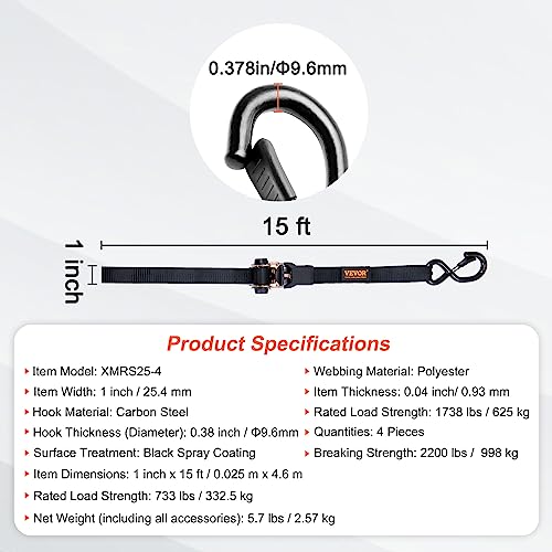 VEVOR Ratchet Tie Down Straps (4PK), 2200 lb Break Strength, 1" x 15' Heavy Duty Ratchet Tie Down Strap Set with Padded Handles, Coated S Hook, Soft Loop for Moving Appliances Motorcycle ATV Truck