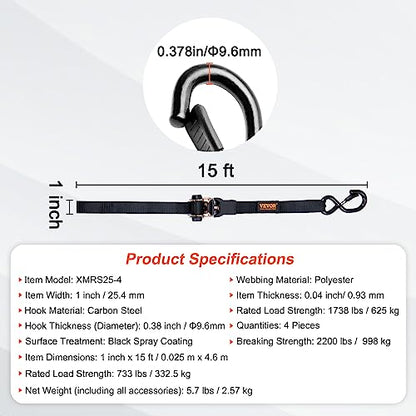 VEVOR Ratchet Tie Down Straps (4PK), 2200 lb Break Strength, 1" x 15' Heavy Duty Ratchet Tie Down Strap Set with Padded Handles, Coated S Hook, Soft Loop for Moving Appliances Motorcycle ATV Truck
