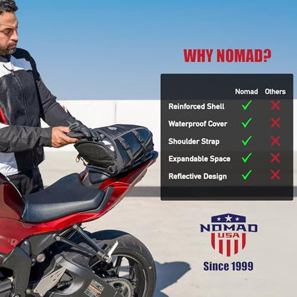 Nomad USA Motorcycle Tail Bag, Waterproof Street Sportsbike Rear Rack/Seat Bag Converts to Shoulder Bag, 10-15L Expandable Tail Tank Tool Pouch/Handle Carry Bag with Rain Cover, Mounting Straps