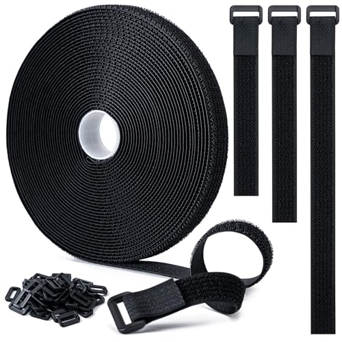 0.8" x32Ft Hook and Loop Straps with 50 Plastic Buckles, Adjustable Fastening Cable Straps, Free Cut Length, Reusable Nylon Cable Ties for Organizer or Storage, Black - color: Black, size: 0.8"×32ft Plastic Buckle