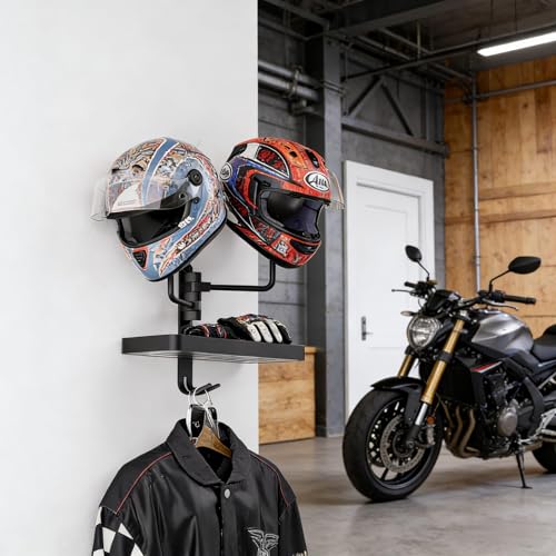 Double Helmet Wall Mount with Storage Tray and Hook, Metal Helmet Stand Rack Display Dual Helmet Organizer for Motorcycle Bicycle ATV Helmet Cowboy Hat Holder Football Helmets Gifts
